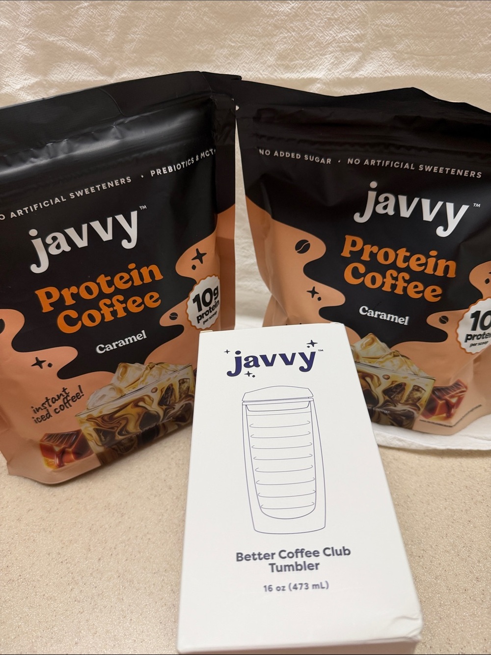 Javvy Protein Coffee Caramel Bundle (2 Bags) + Better Coffee Club Tumbler NEW